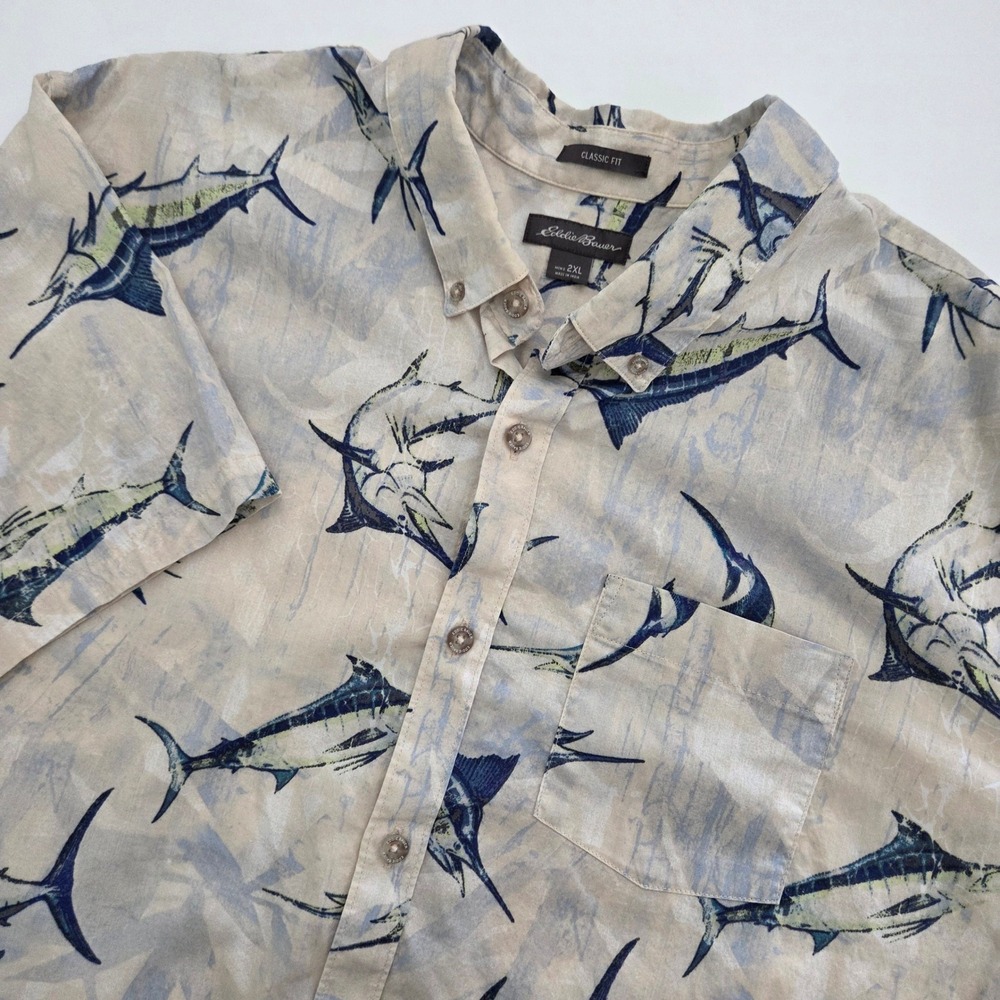 Eddie Bauer Shirt‎ Cream Blue Marlin Fish Print Short Sleeve Mens 2XL